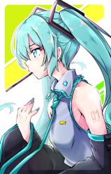 Rule 34 | 1girl, akino coto, aqua eyes, aqua hair, aqua nails, aqua necktie, bare shoulders, black sleeves, commentary, detached sleeves, food, from side, grey shirt, hair ornament, hatsune miku, highres, long hair, mouth hold, nail polish, necktie, pocky, pocky day, shirt, shoulder tattoo, sleeveless, sleeveless shirt, solo, tattoo, twintails, upper body, very long hair, vocaloid