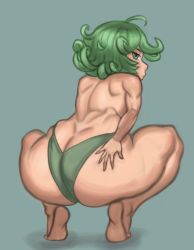Rule 34 | 1girl, artist request, ass, ass focus, ass grab, back, barefoot, blush, breasts, curly hair, expressionless, flipped hair, from behind, grabbing own ass, green eyes, green hair, highleg, highleg panties, highres, huge ass, lips, looking at viewer, looking back, one-punch man, panties, short hair, sideboob, skindentation, solo, squatting, tatsumaki, thick thighs, thighs, thong, underwear, wide hips