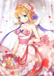 Rule 34 | 1girl, ayamy, bare arms, bare shoulders, blonde hair, blue eyes, blue flower, blue rose, bow, bug, butterfly, choker, closed mouth, commentary request, copyright request, daisy, dress, flower, glint, hair bow, hair flower, hair ornament, bug, looking at viewer, official art, purple bow, purple flower, purple rose, red bow, red flower, red rose, rose, smile, solo, standing, watermark, white choker, white dress, white flower, yellow flower, yellow rose