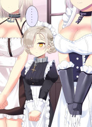 Rule 34 | ..., 3girls, apron, azur lane, bare shoulders, belfast (azur lane), black dress, blue dress, blush, breasts, brown hair, brown skirt, chain, cleavage, closed mouth, commentary request, cross, dress, elbow gloves, frilled apron, frilled skirt, frills, gloves, hair over one eye, head out of frame, juliet sleeves, large breasts, latin cross, long sleeves, multiple girls, neu (frameice), orange eyes, puffy sleeves, sheffield (azur lane), sirius (azur lane), size difference, skirt, small breasts, solo focus, spoken ellipsis, standing, waist apron, white apron, white gloves