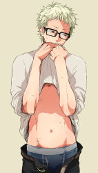 Rule 34 | 10s, 1boy, beige background, belt, blonde hair, boxer briefs, clothes lift, covering own mouth, cowboy shot, glasses, green eyes, groin, haikyuu!!, highres, long sleeves, looking away, male focus, male underwear, midriff, navel, open clothes, open fly, shirt, shirt lift, short hair, simple background, solo, sweat, t-shirt, tsukishima kei, underwear, unzipped, yellow background, zkakq