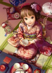 Rule 34 | 1girl, alcohol, ball, brown eyes, brown hair, comb, cup, flower, from above, geister, hair flower, hair ornament, hair up, holding, japanese clothes, jpeg artifacts, kimono, light smile, looking at viewer, marble (toy), obi, original, petals, sakazuki, sake, sash, seiza, signature, sitting, smile, solo, spinning top, temari ball, wide sleeves, wind chime