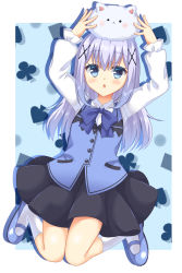 Rule 34 | 1girl, :o, angora rabbit, animal, animal on head, arms up, black skirt, blue background, blue bow, blue bowtie, blue eyes, blue footwear, blue hair, blue vest, blush, border, bow, bowtie, breasts, buttons, chestnut mouth, club (shape), collared shirt, commentary request, full body, fuyukichi (nikoniko1567), gochuumon wa usagi desu ka?, hair between eyes, hands up, highres, jumping, kafuu chino, kneehighs, knees together feet apart, light blue hair, loafers, long hair, long sleeves, looking at viewer, on head, open mouth, rabbit, rabbit house uniform, rabbit on head, shadow, shirt, shoes, sidelocks, skirt, small breasts, socks, spade (shape), tippy (gochiusa), vest, white border, white shirt, white socks, wing collar