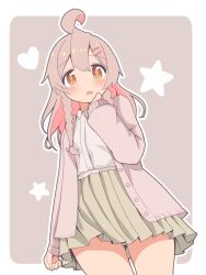 Rule 34 | 1girl, ahoge, bare legs, border, braid, commentary, cowboy shot, genderswap, genderswap (mtf), grey background, hair between eyes, hair ornament, hairclip, hand on own chest, heart, highres, jacket, light blush, long hair, long sleeves, looking at viewer, onii-chan wa oshimai!, open mouth, outline, outside border, oyama mahiro, pink jacket, pleated skirt, shirt, simple background, skirt, solo, star (symbol), thighs, twin braids, unkimo, white border, white outline, white shirt