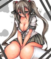 Rule 34 | 1girl, breasts, brown eyes, brown hair, cleavage, female focus, large breasts, long hair, naoyama masaru, on ground, school uniform, shirt, sitting, skirt, socks, solo, thick thighs, thighs, traditional media, twintails