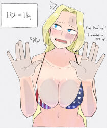 Rule 34 | 1girl, against glass, america (ohasi), american flag, american flag print, bare arms, bare shoulders, bikini, blue eyes, blush, breasts, cleavage, collarbone, english text, flag print, hand up, large breasts, long hair, navel, ohasi, open mouth, original, parted bangs, shiny skin, skindentation, solo, sweat, swimsuit, upper body