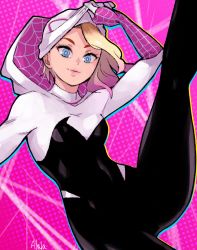 Rule 34 | 1girl, animification, blonde hair, blue eyes, bodysuit, breasts, commentary, english commentary, eyebrow piercing, gwen stacy, highres, hood, hooded bodysuit, looking at viewer, marvel, mask, medium breasts, piercing, skin tight, smile, solo, spider-gwen, spider-man: across the spider-verse, spider-man (series), spider-verse, spider web print, superhero costume, sushi pizza rrr