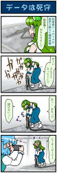 Rule 34 | &gt; &lt;, 2girls, 4koma, artist self-insert, blush, breasts, cellphone, comic, commentary, detached sleeves, closed eyes, frog hair ornament, green eyes, green hair, hair ornament, hair tubes, heart, highres, jackhammer, juliet sleeves, kochiya sanae, large breasts, long hair, long sleeves, mizuki hitoshi, multiple girls, nontraditional miko, open mouth, phone, power tool, puffy sleeves, skirt, smartphone, smile, snake hair ornament, spoken heart, sweat, sweatdrop, tabi, taking picture, tatara kogasa, tears, touhou, translated, vest, wide sleeves