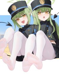 Rule 34 | 2girls, absurdres, armband, black hat, black jacket, black shorts, black skirt, blue archive, blue armband, blush, buttons, commentary, demon tail, double-breasted, fang, feet, green hair, green halo, halo, hat, highres, hikari (blue archive), jacket, legs up, long hair, long sleeves, looking at viewer, miniskirt, multiple girls, no shoes, nozomi (blue archive), open mouth, pantyhose, peaked cap, pleated skirt, pointy ears, short shorts, shorts, sidelocks, sitting, skin fang, skirt, smile, soles, symbol-only commentary, tail, toes, twintails, weimiaw, white pantyhose, yellow eyes