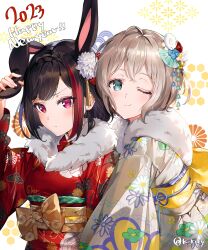 Rule 34 | 2023, 2girls, ;), alternate hairstyle, animal ears, aoba moca, aqua eyes, arm at side, arm up, bang dream!, blue flower, braid, breasts, closed mouth, commentary, crossed bangs, fake animal ears, floral print, flower, frown, fur-trimmed kimono, fur trim, grey hair, hair flower, hair ornament, hand on own ear, happy new year, heads together, highres, japanese clothes, kikkoumon, kikumon, kimono, light blush, long sleeves, looking at viewer, medium breasts, mitake ran, multicolored hair, multiple girls, new year, obi, obijime, one eye closed, patterned background, pink eyes, print kimono, rabbit ears, rabbit hair ornament, red flower, red hair, red kimono, rity, sakuramon, sash, seigaiha, short hair, side-by-side, smile, standing, streaked hair, tassel, tassel hair ornament, touching ears, twitter username, two-tone hair, v-shaped eyebrows, white background, white flower, white kimono, wide sleeves