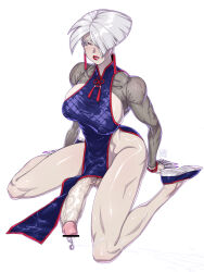 Rule 34 | 1girl, a.k.i. (street fighter), absurdres, bar censor, blush, breasts, censored, china dress, chinese clothes, claw (weapon), dress, earrings, flats, futanari, highres, jewelry, large breasts, large penis, ming liu, muscular, muscular female, no pants, pale skin, pelvic curtain, penis, penis piercing, piercing, precum, purple dress, red eyes, red lips, short hair, shrug (clothing), simple background, sitting, solo, street fighter, street fighter 6, testicles, toned, veins, veiny penis, weapon, white background, white hair