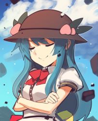 Rule 34 | 1girl, blue hair, blue sky, boa (brianoa), bucket hat, closed eyes, closed mouth, cloud, collared shirt, crossed arms, debris, doyagao, food, fruit, hat, highres, hinanawi tenshi, long hair, neck ribbon, peach, puffy short sleeves, puffy sleeves, red ribbon, ribbon, shirt, short sleeves, sky, smile, smug, solo, touhou, upper body, white shirt, wing collar