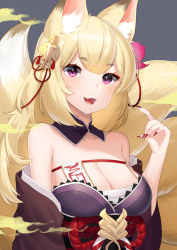 Rule 34 | 1girl, :d, akagi kurage, animal ear fluff, animal ears, bare shoulders, black collar, blonde hair, breasts, cleavage, collar, collarbone, copyright request, detached sleeves, fang, fingernails, flower, fox ears, fox girl, fox tail, grey background, hair flower, hair ornament, hand up, highres, japanese clothes, kimono, kitsune, long fingernails, long hair, medium breasts, mole, mole on breast, nail polish, off shoulder, ofuda, open mouth, purple eyes, purple kimono, red flower, red nails, sharp fingernails, simple background, smile, solo, strapless, tail, tail raised, thick eyebrows, upper body