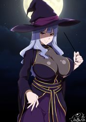 Rule 34 | 1girl, blunt bangs, breasts, choker, cleavage, cloud, cloudy sky, commentary, dress, full moon, hair over shoulder, hat, highres, holding, holding wand, idolmaster, idolmaster (classic), jabara tornado, large breasts, long hair, long sleeves, looking at viewer, moon, nail polish, night, night sky, pink eyes, purple dress, purple hat, purple nails, see-through, shaded face, shijou takane, signature, silver hair, sky, smile, solo, star (sky), wand, wide sleeves, witch hat