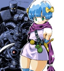 Rule 34 | 1girl, blue hair, bow, cape, closed mouth, dragon quest, dragon quest v, green eyes, hair bow, hero&#039;s daughter (dq5), looking at viewer, short hair, thighhighs