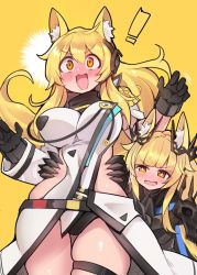 Rule 34 | !, + +, 2girls, :d, animal ear fluff, animal ears, arknights, armor, blemishine (arknights), blemishine (moon catastrborn) (arknights), blonde hair, blunt bangs, blush, breasts, commentary, ditienan ddn, embarrassed, hair between eyes, large breasts, long hair, multiple girls, nearl (arknights), nearl the radiant knight (arknights), official alternate costume, open mouth, siblings, simple background, sisters, skindentation, smile, surprised, thigh strap, thighs, v-shaped eyebrows, yellow background, yellow eyes