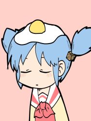 Rule 34 | 1girl, blue hair, closed eyes, cube hair ornament, fried egg, hair ornament, hashtag-only commentary, kumomadowinari, naganohara mio, neckerchief, nichijou, pink background, red neckerchief, sailor collar, school uniform, short twintails, simple background, solo, tokisadame school uniform, twintails, upper body, white sailor collar