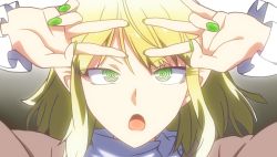 Rule 34 | 10s, 1girl, @ @, anime coloring, backlighting, blonde hair, brown jacket, commentary request, cross-eyed, dagashi kashi, double v, eyes visible through hair, green eyes, green nails, hands up, highres, jacket, looking at viewer, mizuhashi parsee, morimura mizuki, nail polish, open mouth, parody, pointy ears, portrait, shidare hotaru, sidelocks, solo, touhou, turtleneck, v