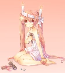 Rule 34 | 1girl, ankle ribbon, bare shoulders, barefoot, blush, bow, candle, collarbone, dress, feet, full body, gradient background, hammer, hands on feet, highres, holding, kneeling, leg ribbon, long hair, looking at viewer, mallet, momobako, original, personification, red eyes, red hair, ribbon, rojiko, simple background, sitting, solo, straw doll, sundress, twintails, ushi no koku mairi, very long hair, wariza