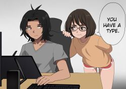 Rule 34 | 1boy, 1girl, artist self-insert, black hair, brown eyes, brown hair, brown shirt, closed mouth, dark skin, desk, english text, frown, glasses, gradient background, grey shirt, highres, jourd4n, keyboard (computer), leaning forward, long sleeves, looking at another, mole, mole on thigh, mole under mouth, original, red shorts, screen, shirt, short hair, short sleeves, shorts, smile, speech bubble, white background