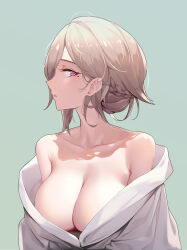 Rule 34 | 1girl, bare shoulders, braid, breasts, brown hair, chinese commentary, cleavage, collarbone, commentary request, green background, highres, honkai (series), honkai impact 3rd, japanese clothes, kimono, large breasts, looking at viewer, mole, mole under eye, off shoulder, parted lips, pink eyes, revision, rita rossweisse, ruo zhishi chu jian, short hair, sideways glance, simple background, solo, upper body
