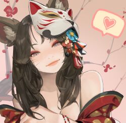Rule 34 | 1girl, absurdres, animal ear fluff, animal ears, bare shoulders, black hair, blue flower, bracelet, branch, closed mouth, commentary, dated commentary, english commentary, facial mark, flower, fox ears, fox girl, fox mask, hair flower, hair ornament, heart, highres, japanese clothes, jewelry, jung wonjo, kimono, lips, long hair, looking at viewer, mask, original, pink background, pink eyes, portrait, red flower, red kimono, slit pupils, smile, solo, whisker markings