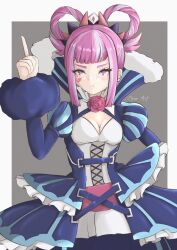 Rule 34 | 1girl, blue dress, dress, fire emblem, fire emblem engage, folded twintails, heart, heart tattoo, highres, hime cut, hortensia (fire emblem), mourderousxart, multicolored hair, nintendo, pink eyes, pink hair, pointing, pointing up, sidelocks, solo, striped clothes, striped dress, tattoo, two-tone hair, upper body, vertical-striped clothes, vertical-striped dress