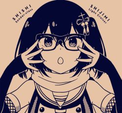 Rule 34 | 10s, 1girl, :o, arm warmers, arms up, bare shoulders, beige, bespectacled, chestnut mouth, fishnets, glasses, hair ornament, hairpin, ica, jewelry, kantai collection, looking at viewer, monochrome, neckerchief, open mouth, ring, scarf, school uniform, sendai (kancolle), sendai kai ni (kancolle), serafuku, shirt, short twintails, sleeveless, sleeveless shirt, solo, tassel, twintails, two side up, upper body, wedding band