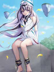 Rule 34 | 1girl, black choker, black hair, blue sky, blush, breasts, bridal gauntlets, chain, choker, cloud, cloudy sky, dress, falling petals, feather hair ornament, feathered wings, feathers, feet, fire emblem, fire emblem engage, floating island, hair ornament, highres, legs, long hair, looking at viewer, mugitoro (dsfv2277), multicolored hair, nintendo, petals, petite, purple eyes, sitting, sky, small breasts, smile, solo, stone wall, tree, very long hair, veyle (fire emblem), wall, white dress, white hair, wings