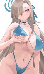 Rule 34 | 1girl, alternate costume, asuna (blue archive), bare shoulders, bikini, blue archive, blue bikini, blue eyes, blush, breast hold, breasts, chikoku, choker, cleavage, collarbone, grin, hair over one eye, hair ribbon, halo, highleg, highleg bikini, highres, large breasts, light brown hair, long hair, looking at viewer, mole, mole on breast, navel, ribbon, sideboob, smile, solo, stomach, swimsuit, underboob, very long hair