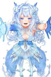 Rule 34 | 1girl, absurdres, breasts, dress, fangs, feathers, hair ornament, hair ribbon, heterochromia, highres, indie virtual youtuber, long hair, looking at viewer, lunarisbloom, mikazuki silvi, navel, open mouth, outstretched arms, owl ears, owl girl, ribbon, skirt, sleeveless, sleeveless dress, small breasts, solo, virtual youtuber, white background, white hair