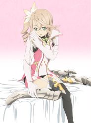 Rule 34 | 10s, 1girl, alisha diphda, black thighhighs, blonde hair, drill hair, garter straps, green eyes, hair ribbon, jpeg artifacts, official art, pink background, ribbon, scan, short hair, short shorts, shorts, side ponytail, solo, tales of (series), tales of zestiria, thighhighs