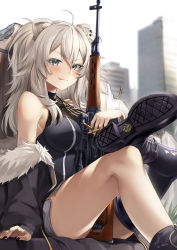 Rule 34 | 1girl, :p, ahoge, animal ear fluff, animal ears, bare shoulders, between thighs, black footwear, black jacket, black nails, black shirt, black thighhighs, blurry, blurry background, blush, boots, breasts, cartridge, city, cleavage, commentary request, dragunov svd, ear piercing, fingernails, foot out of frame, fur-trimmed jacket, fur trim, grey eyes, gun, hair between eyes, highres, holding, holding gun, holding weapon, hololive, jacket, kito koruta, large breasts, lion ears, lion girl, long fingernails, long hair, long sleeves, nail polish, off shoulder, open clothes, open jacket, outdoors, piercing, rifle, see-through, see-through cleavage, shirt, shishiro botan, shishiro botan (1st costume), signature, silver hair, single thighhigh, sitting, sleeveless, sleeveless shirt, sniper rifle, solo, thighhighs, tongue, tongue out, virtual youtuber, weapon