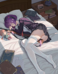 Rule 34 | 1girl, absurdres, alarm clock, alternate costume, ass, between legs, bolt action, book, carcano, carcano m1891 (girls&#039; frontline), carcano m91/38 (girls&#039; frontline), character doll, chinese commentary, clock, commentary request, girls&#039; frontline, gun, gun sling, hair ornament, hairband, hairclip, highres, holding, holding gun, holding weapon, indoors, lying, moran (pixiv27824646), necktie, nightstand, no shoes, on bed, on side, pillow, plaid, plaid skirt, pleated skirt, purple hair, red necktie, rifle, shirt, short hair, skirt, sleeping, solo, sunlight, thighhighs, thighs, weapon, white shirt, white thighhighs, window shadow