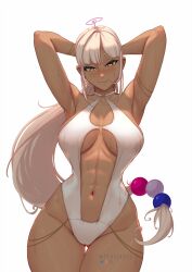 Rule 34 | 1girl, absurdres, armpits, arms behind head, bare shoulders, bikini, blonde hair, blush, breasts, cleavage, dark-skinned female, dark skin, hair ornament, highres, hololive, hololive english, large breasts, limiter (tsukumo sana), long hair, looking at viewer, myth1carts, navel, planet hair ornament, ponytail, smile, solo, stomach, swimsuit, thighs, tsukumo sana, twitter logo, virtual youtuber, yellow eyes