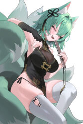 Rule 34 | 1girl, absurdres, animal ear fluff, animal ears, armpits, black gloves, blush, breasts, character request, china dress, chinese clothes, cleavage, copyright request, covered navel, dress, fangs, fingerless gloves, folding fan, fox ears, fox girl, fox tail, gloves, green hair, green nails, hair between eyes, hair ornament, hand fan, highres, holding, holding fan, kitsune, large breasts, multiple tails, navel, open mouth, pink eyes, rima (0136), short hair, simple background, solo, tail, thick thighs, thighhighs, thighs, white background