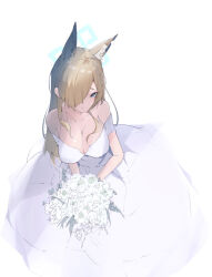 Rule 34 | 1girl, alternate costume, animal ear fluff, animal ears, bare shoulders, blonde hair, blue archive, blue eyes, blue halo, bouquet, breasts, bride, cleavage, collarbone, diksiuw, dog ears, dress, extra ears, flower, from above, hair over one eye, halo, holding, holding bouquet, kanna (blue archive), large breasts, long bangs, long hair, looking at viewer, notched ear, parted bangs, simple background, solo, strapless, strapless dress, wedding dress, white background