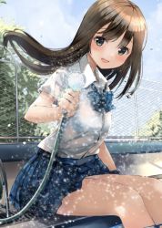 Rule 34 | 1girl, :d, blue neckwear, blue skirt, bra visible through clothes, brown hair, bush, chain-link fence, cloud, collared shirt, day, feet out of frame, fence, grey eyes, hair blowing, hose, leaf, long hair, open mouth, original, outdoors, plaid, plaid neckwear, plaid skirt, pleated skirt, pool, poolside, school uniform, see-through, shirt, short sleeves, sitting, skirt, sky, smile, solo, spraying, thighs, tomura2maru, uniform, wet, wet clothes, white shirt