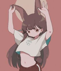 Rule 34 | 1girl, animal ears, arms up, brown eyes, brown hair, circle, closed mouth, commentary, crop top, crop top overhang, cropped shirt, earrings, extra ears, hands on animal ears, highres, jewelry, long hair, looking at viewer, midriff, multicolored nails, nail polish, original, print shirt, rabbit ears, rabbit girl, rabbit tail, red background, rororodly, shirt, solo, t-shirt, tail, two-sided fabric, upper body, very long hair, white shirt