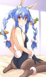 Rule 34 | 1girl, animal ear fluff, animal ears, ass, backless leotard, bare arms, bare back, bare shoulders, black gloves, black leotard, blue hair, blurry, blurry background, braid, carrot hair ornament, closed mouth, commentary request, dot nose, expressionless, extra ears, feet, food-themed hair ornament, forza ferrari, from behind, full body, fur trim, gloves, hair between eyes, hair ornament, highres, hololive, indoors, leotard, looking at viewer, no shoes, playboy bunny, rabbit ears, rabbit girl, rabbit tail, red eyes, sitting, solo, spread legs, tail, thick eyebrows, twin braids, usada pekora, usada pekora (1st costume), virtual youtuber, wariza, white hair