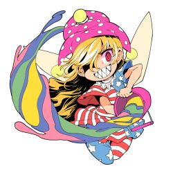 Rule 34 | 1girl, american flag dress, american flag legwear, blonde hair, bucket, clownpiece, commentary request, crazy eyes, cropped legs, dress, fairy wings, grin, hair over one eye, hat, ini (inunabe00), jester cap, long hair, looking at viewer, neck ruff, paint, pantyhose, polka dot, red eyes, ringed eyes, sharp teeth, short dress, short sleeves, simple background, smile, solo, star (symbol), star print, striped, teeth, touhou, white background, wings