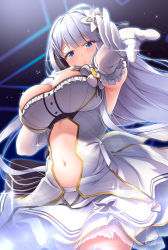 Rule 34 | 1girl, awa yume, azur lane, bare shoulders, blue eyes, blush, breasts, center opening, dress, elbow gloves, gloves, hair ribbon, highres, idol, illustrious (azur lane), illustrious (muse) (azur lane), large breasts, long hair, looking at viewer, music, navel, outstretched arm, ribbon, singing, skirt, solo, stomach, very long hair, white dress, white gloves, white hair