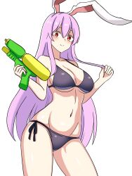 Rule 34 | 1girl, animal ears, bikini, black bikini, breasts, closed mouth, commentary, ehehe52921343, groin, hand in own hair, highres, holding, holding water gun, korean commentary, large breasts, long hair, navel, purple hair, rabbit ears, rabbit girl, red eyes, reisen udongein inaba, simple background, smile, solo, swimsuit, touhou, water gun, white background