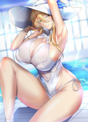 Rule 34 | 1girl, arm behind head, arm up, armpits, artoria pendragon (all), artoria pendragon (fate), artoria pendragon (swimsuit ruler) (fate), artoria pendragon (swimsuit ruler) (second ascension) (fate), bare shoulders, blonde hair, blush, breasts, cleavage, cleavage cutout, clothing cutout, covered navel, fate/grand order, fate (series), green eyes, hair between eyes, hat, highleg, highleg swimsuit, huge breasts, knee up, kumakichi (cost-lost), long hair, looking at viewer, one-piece swimsuit, parted lips, sidelocks, sitting, smile, sun hat, swimsuit, thighs, white headwear, white one-piece swimsuit