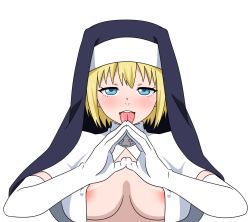 Rule 34 | 1girl, blonde hair, blue eyes, blush, breasts, elbow gloves, en&#039;en no shouboutai, gloves, highres, iris (enen no shouboutai), large breasts, looking at viewer, naughty face, nipples, nun, own hands together, pixiv47104664, short hair, smile, solo, tongue, tongue out, upper body, veil, white background, white gloves