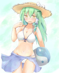 Rule 34 | 1girl, ball, beachball, bikini, blush, breasts, cameltoe, cleavage, female focus, frog, frog hair ornament, front-tie top, green hair, groin, hair ornament, hat, kochiya sanae, kutan, large breasts, open mouth, sarong, shiny skin, snake, snake hair ornament, solo, straw hat, swimsuit, thigh gap, touhou, yellow eyes