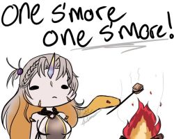 Rule 34 | 1girl, alice himora (artist), blonde hair, breasts, campfire, chibi, fire emblem, fire emblem heroes, food, gullveig (fire emblem), long hair, marshmallow, medium breasts, multicolored hair, nintendo, oni horn, serious, snake, snake hair, tagme, white background, white hair