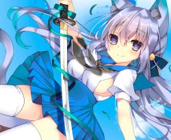 Rule 34 | 1girl, animal ears, bad id, bad twitter id, blue sailor collar, blue skirt, blush, breasts, cat ears, cat tail, closed mouth, commentary, cowboy shot, dutch angle, eyebrows, gradient hair, hair between eyes, hair ribbon, holding, holding sword, holding weapon, long hair, looking at viewer, medium breasts, multicolored hair, neckerchief, original, pleated skirt, puffy short sleeves, puffy sleeves, purple eyes, purple hair, ribbon, sailor collar, satsuki mayuri, short sleeves, sideboob, skirt, smile, solo, sword, tail, thighhighs, twitter username, weapon, white thighhighs, zettai ryouiki