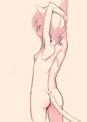 Rule 34 | 1girl, animal ears, armpits, arms up, ass, back, breasts, cat ears, cat girl, cat tail, closed eyes, female focus, from behind, monochrome, musen-shiki sanhankikan, nipples, nude, original, short hair, simple background, sketch, small breasts, solo, standing, tail