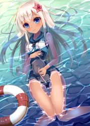 Rule 34 | 10s, 1girl, bad anatomy, bare legs, bare shoulders, blonde hair, blue eyes, blush, covered navel, crop top, drinking straw, flower, fukuda shuushi, hair flower, hair ornament, highres, kantai collection, lifebuoy, long hair, looking at viewer, neckerchief, one-piece swimsuit, partially submerged, ro-500 (kancolle), sailor collar, school swimsuit, smile, solo, swim ring, swimsuit, swimsuit under clothes, tan, tanline